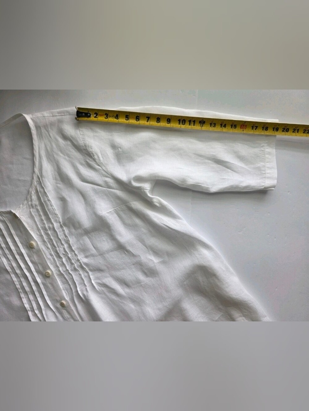 FLAX 100% Linen Button Front Blouse In White Round Neck 19" Sleeve Tunic Sz 1G - Picture 6 of 12